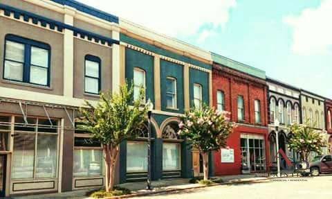 Repainted historic commercial storefronts in downtown Meridian, Mississippi